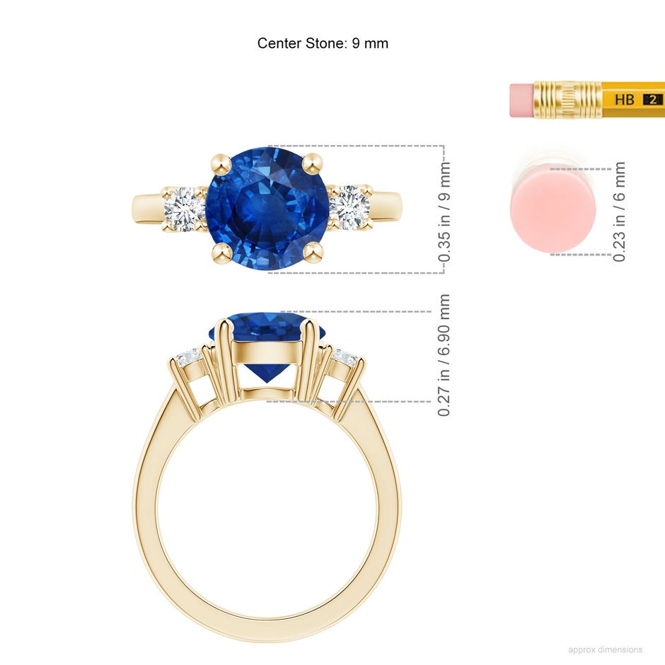9mm AAA Prong-Set Round 3 Stone Blue Sapphire and Diamond Ring in Yellow Gold ruler