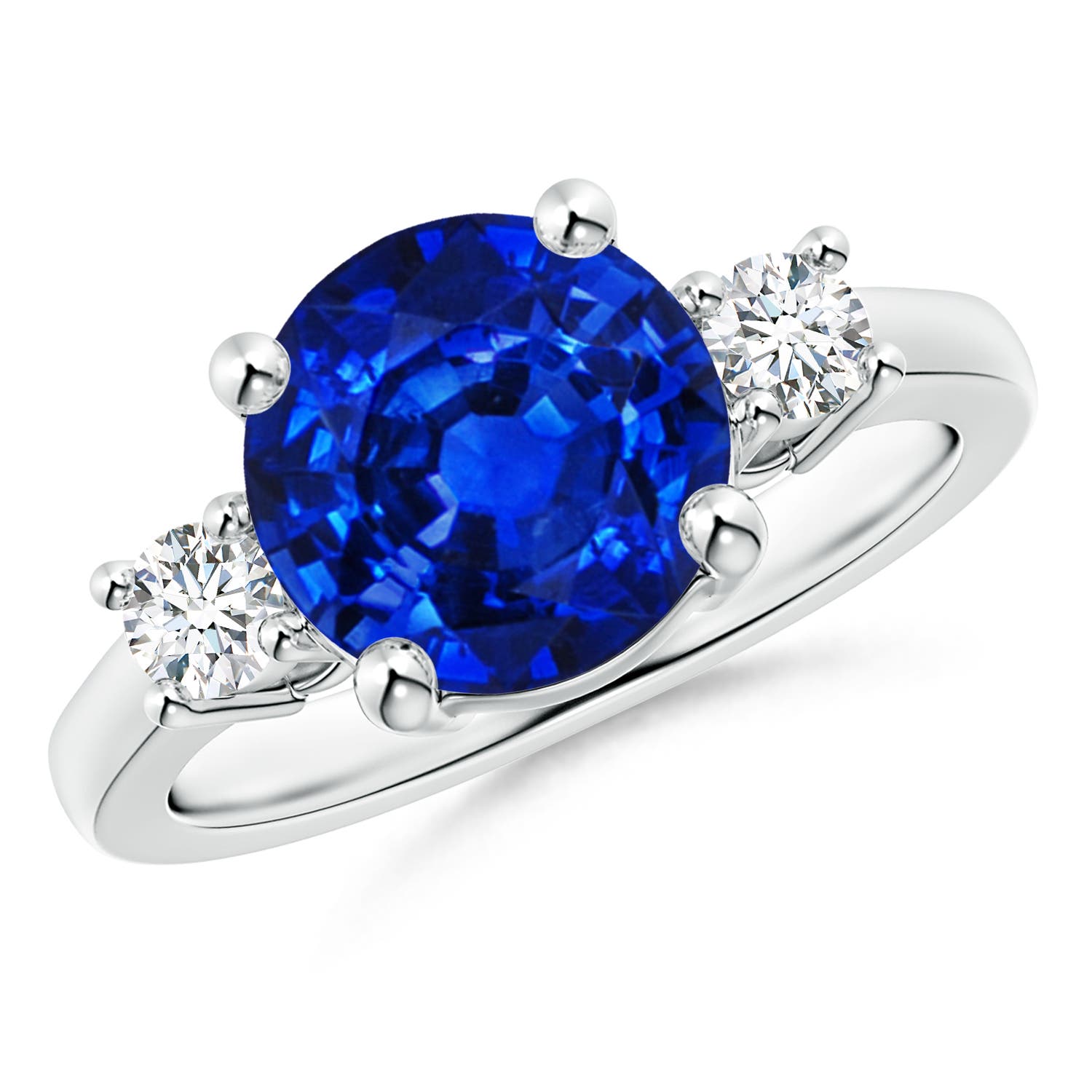 9mm AAAA Prong-Set Round 3 Stone Blue Sapphire and Diamond Ring in 18K White Gold