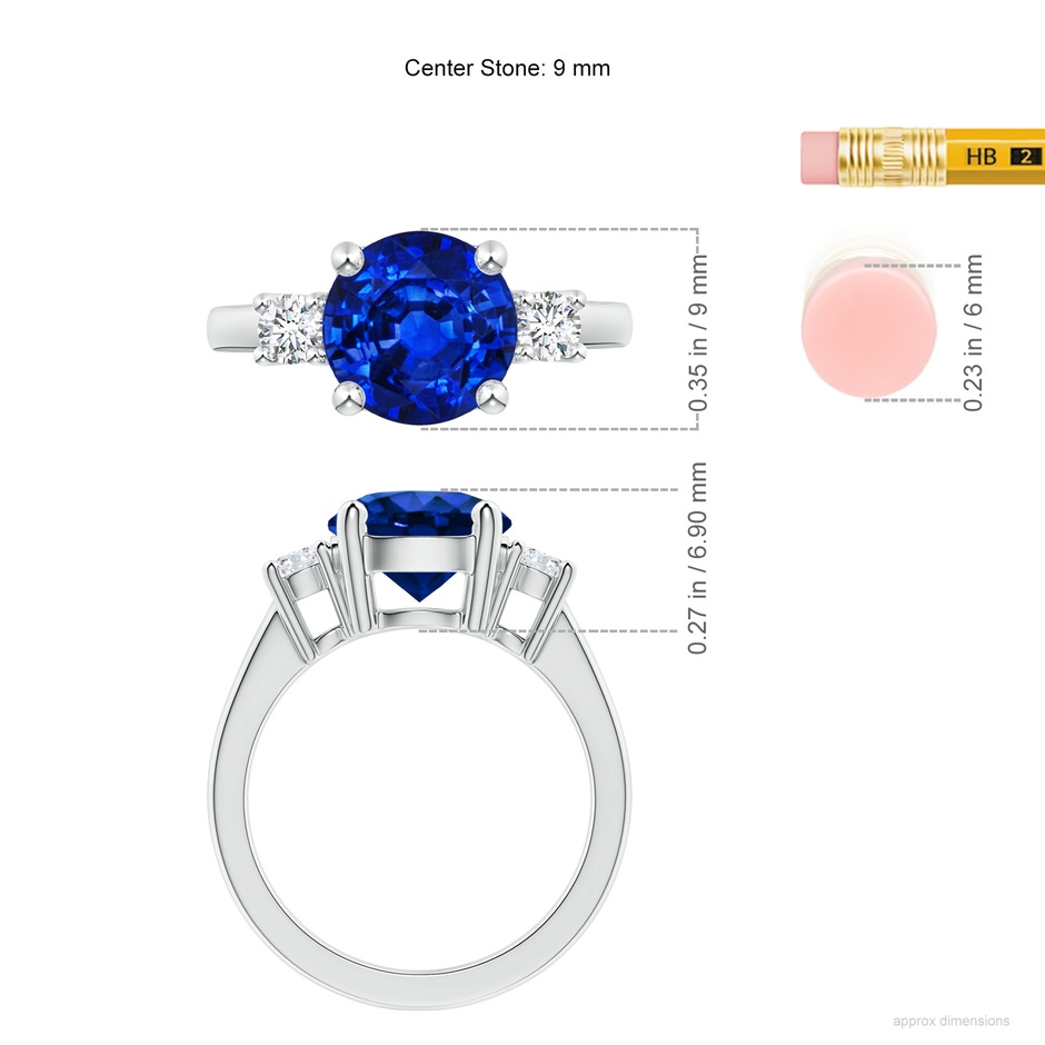 9mm Lab-Grown Prong-Set Round 3 Stone Blue Sapphire and Diamond Ring in 18K White Gold ruler