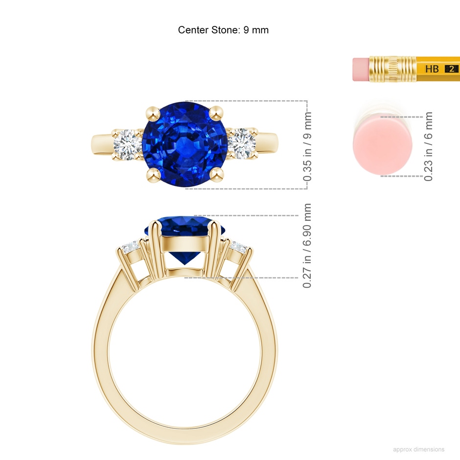 9mm Lab-Grown Prong-Set Round 3 Stone Blue Sapphire and Diamond Ring in 18K Yellow Gold ruler
