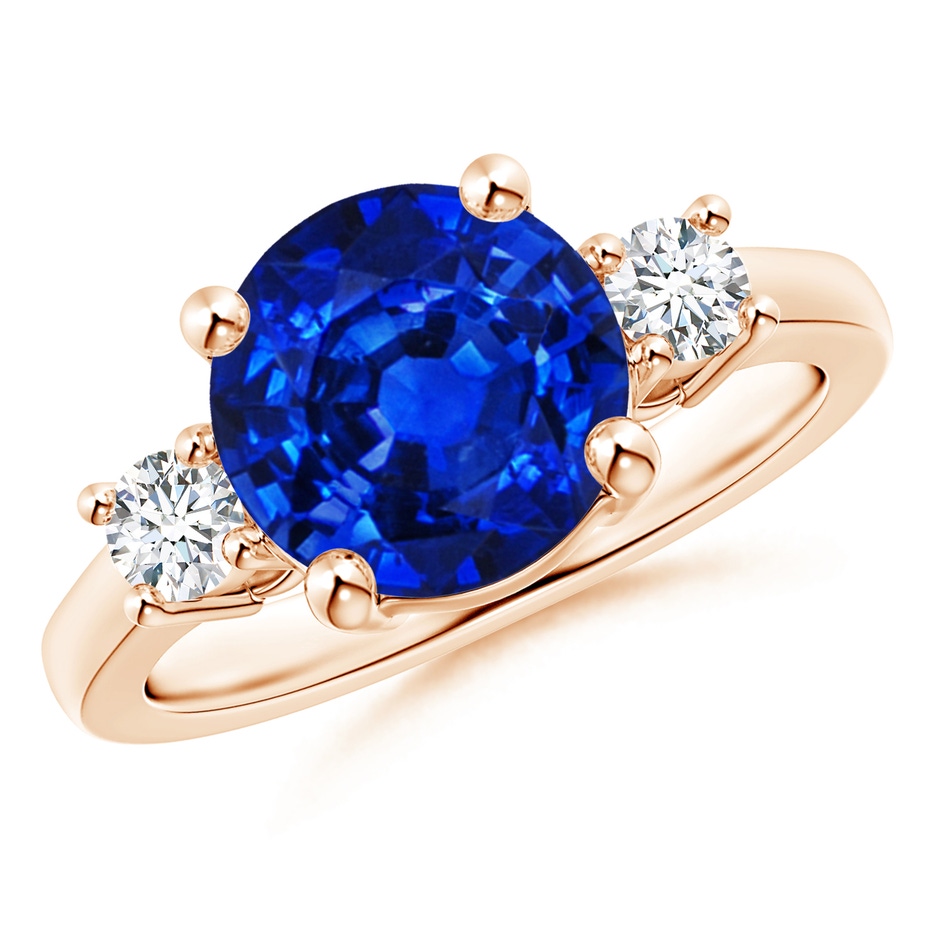 9mm AAAA Prong-Set Round 3 Stone Blue Sapphire and Diamond Ring in Rose Gold 