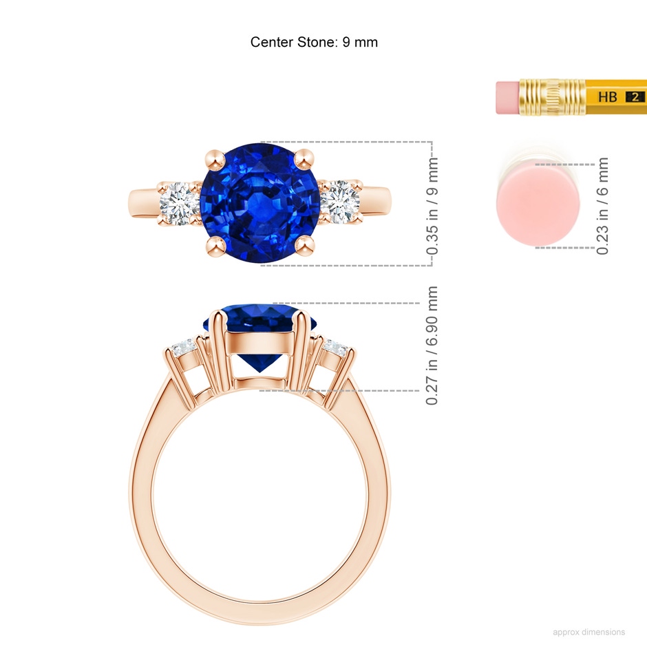 9mm AAAA Prong-Set Round 3 Stone Blue Sapphire and Diamond Ring in Rose Gold ruler