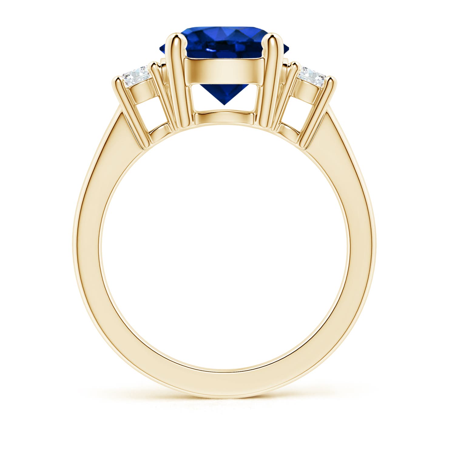9mm AAAA Prong-Set Round 3 Stone Blue Sapphire and Diamond Ring in Yellow Gold