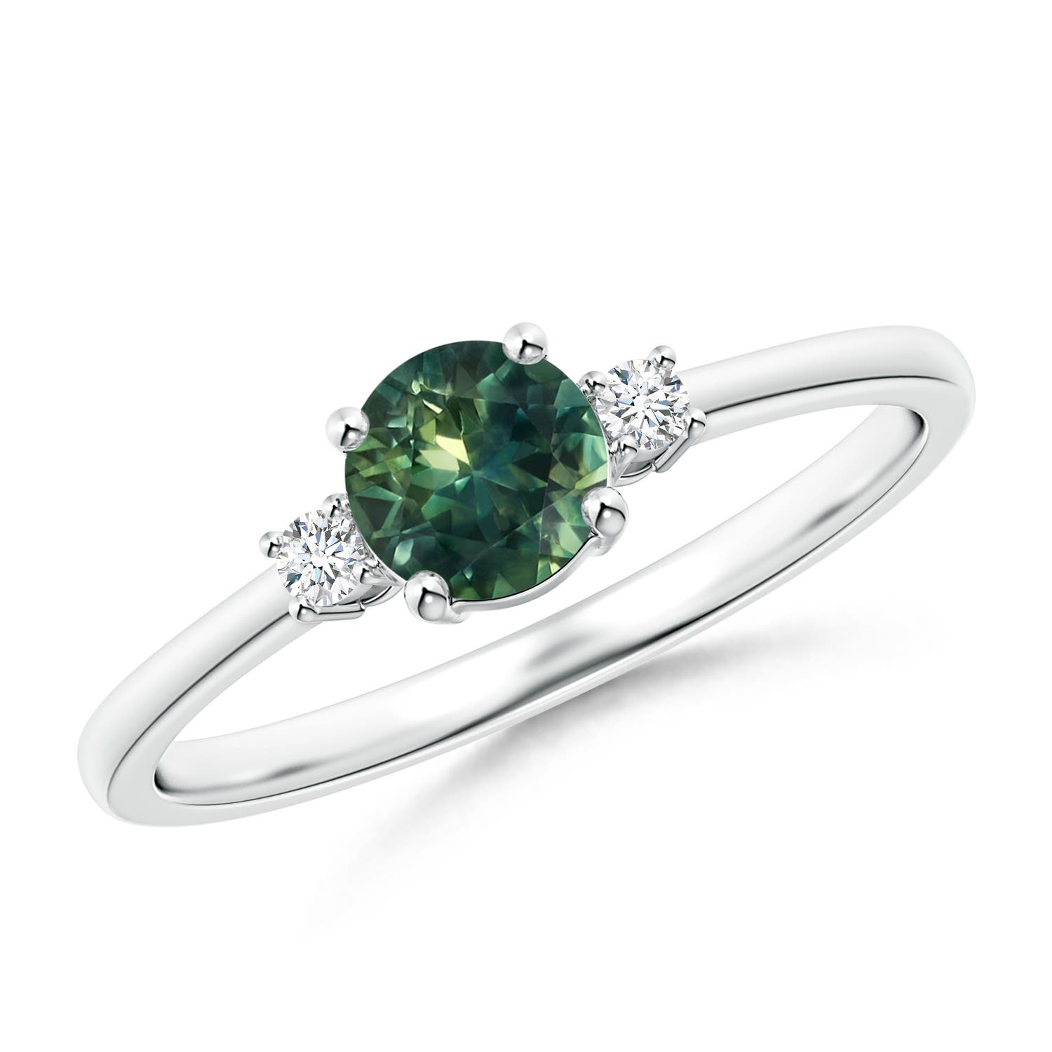 5mm AA Prong-Set Round 3 Stone Teal Montana Sapphire and Diamond Ring in P950 Platinum