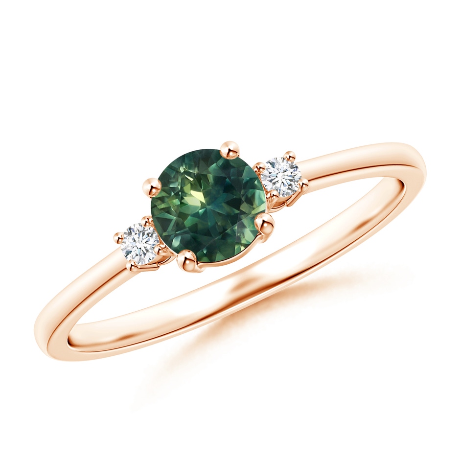 5mm AA Prong-Set Round 3 Stone Teal Montana Sapphire and Diamond Ring in Rose Gold 