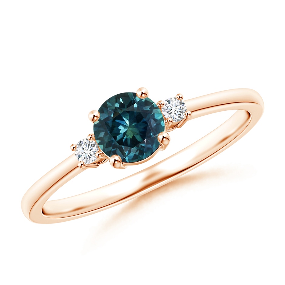 5mm AAA Prong-Set Round 3 Stone Teal Montana Sapphire and Diamond Ring in 10K Rose Gold 