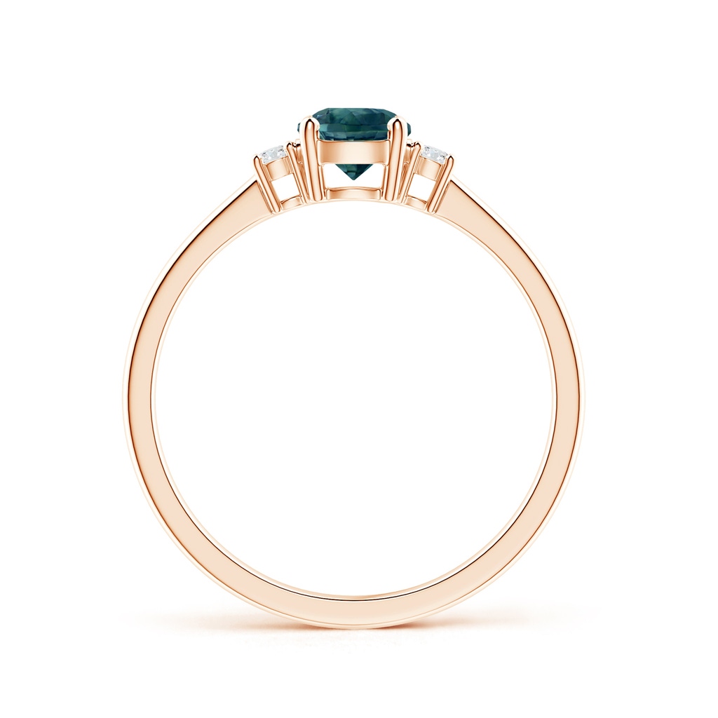 5mm AAA Prong-Set Round 3 Stone Teal Montana Sapphire and Diamond Ring in 9K Rose Gold Side 1