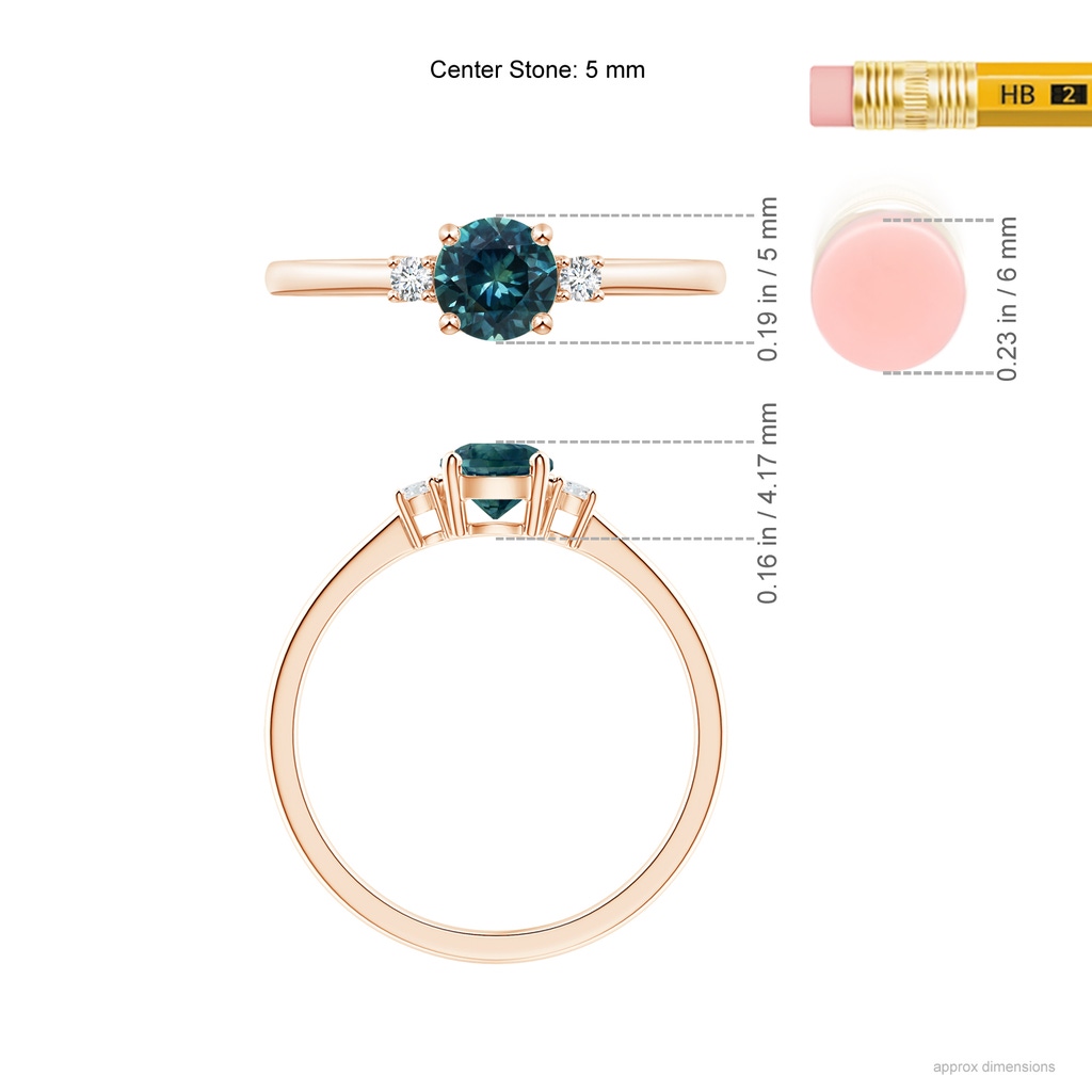 5mm AAA Prong-Set Round 3 Stone Teal Montana Sapphire and Diamond Ring in 9K Rose Gold Ruler
