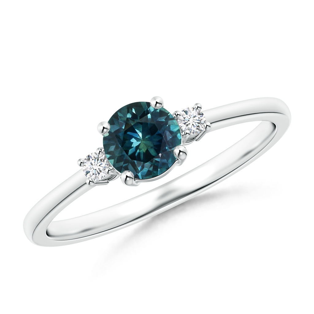 5mm AAA Prong-Set Round 3 Stone Teal Montana Sapphire and Diamond Ring in 9K White Gold