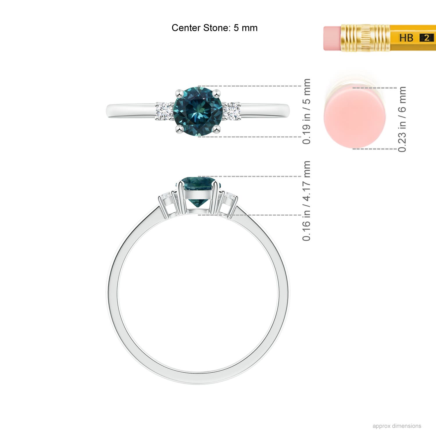 5mm AAA Prong-Set Round 3 Stone Teal Montana Sapphire and Diamond Ring in White Gold - ruler