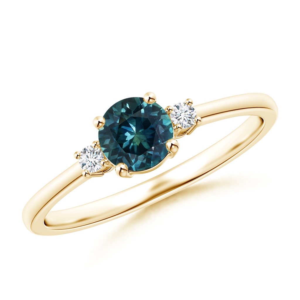 5mm AAA Prong-Set Round 3 Stone Teal Montana Sapphire and Diamond Ring in Yellow Gold