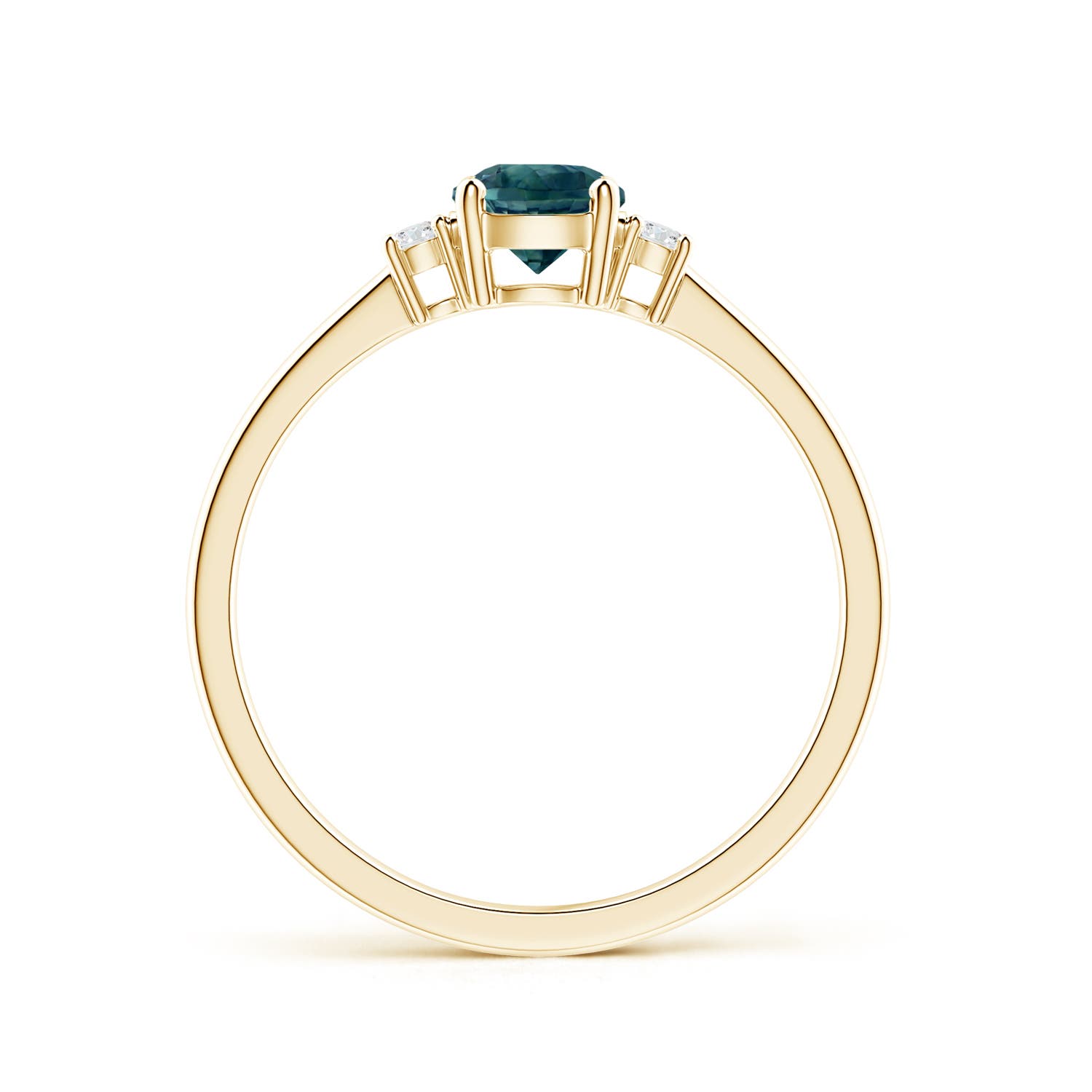 5mm AAA Prong-Set Round 3 Stone Teal Montana Sapphire and Diamond Ring in Yellow Gold - side 1