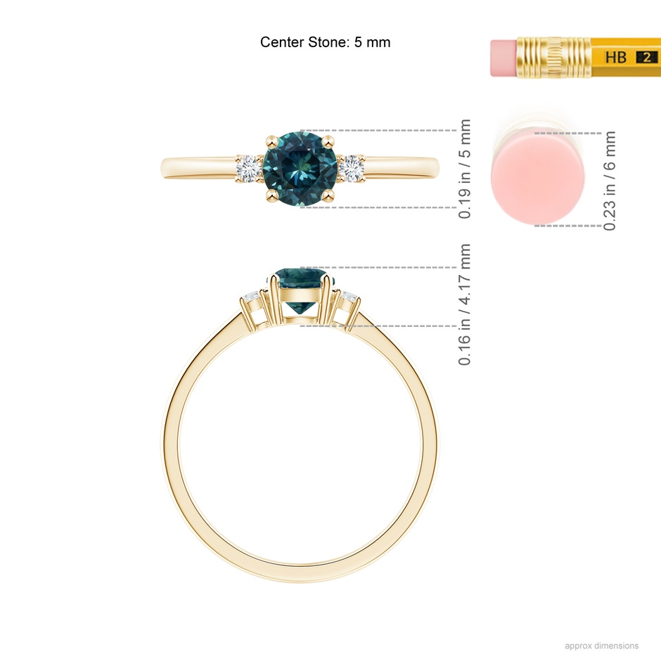 5mm AAA Prong-Set Round 3 Stone Teal Montana Sapphire and Diamond Ring in Yellow Gold ruler