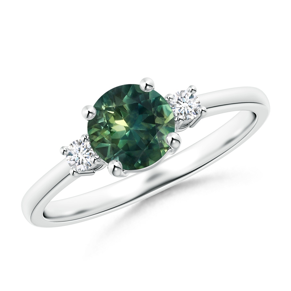 6mm AA Prong-Set Round 3 Stone Teal Montana Sapphire and Diamond Ring in P950 Platinum 