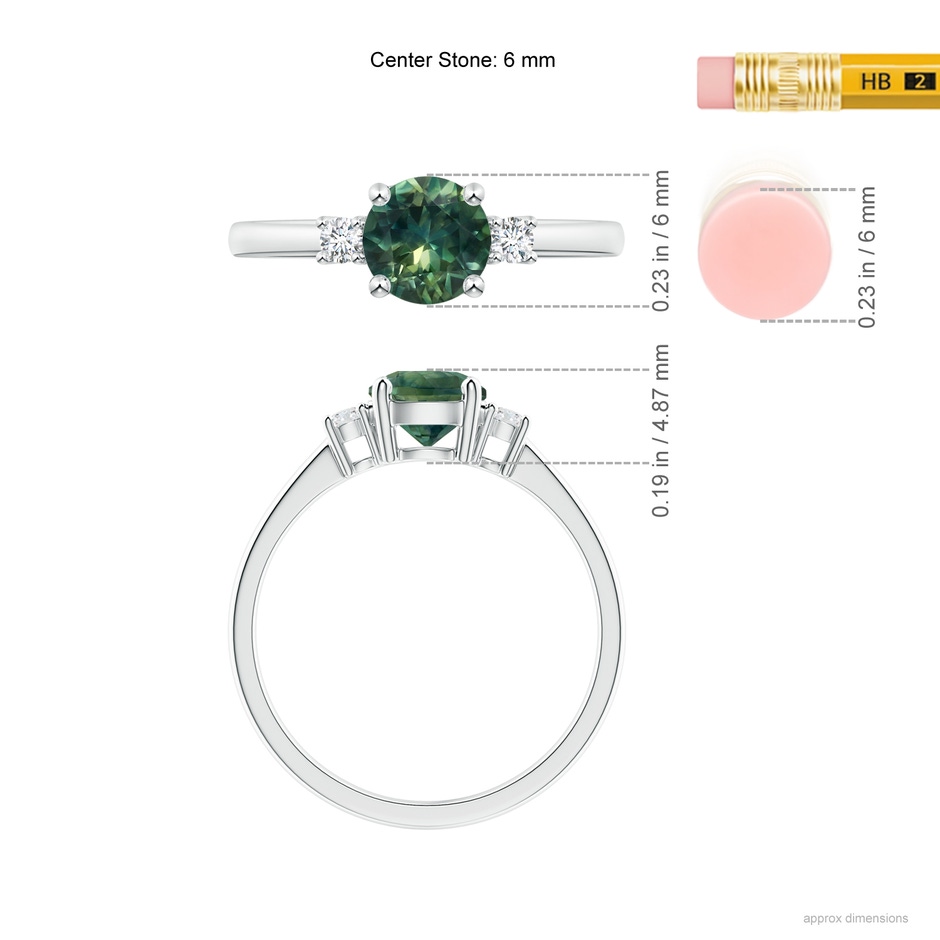 6mm AA Prong-Set Round 3 Stone Teal Montana Sapphire and Diamond Ring in P950 Platinum ruler