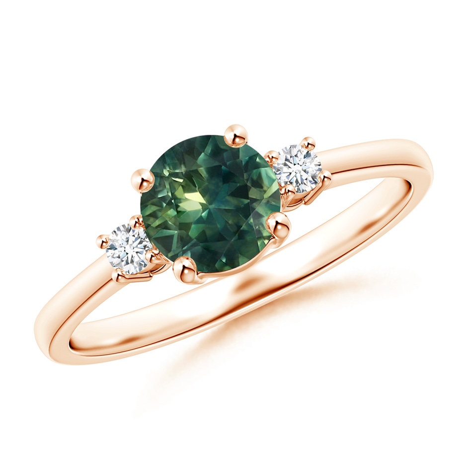 6mm AA Prong-Set Round 3 Stone Teal Montana Sapphire and Diamond Ring in Rose Gold 