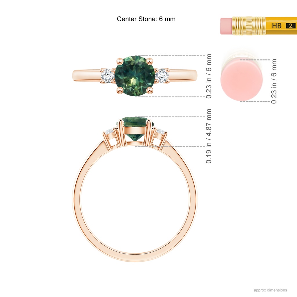 6mm AA Prong-Set Round 3 Stone Teal Montana Sapphire and Diamond Ring in Rose Gold Ruler