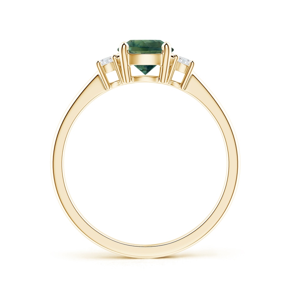 6mm AA Prong-Set Round 3 Stone Teal Montana Sapphire and Diamond Ring in Yellow Gold side 1