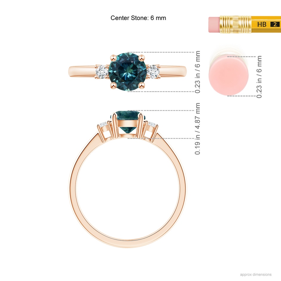 6mm AAA Prong-Set Round 3 Stone Teal Montana Sapphire and Diamond Ring in 9K Rose Gold ruler