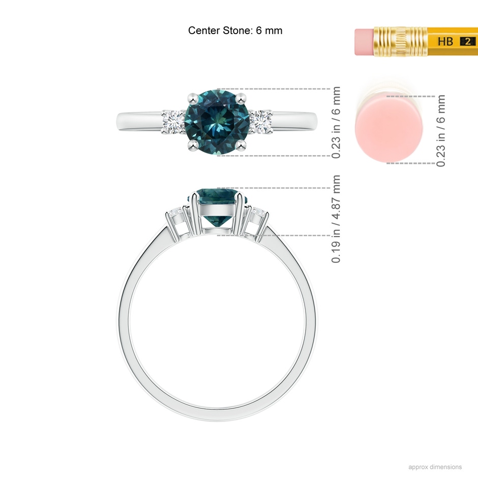6mm AAA Prong-Set Round 3 Stone Teal Montana Sapphire and Diamond Ring in P950 Platinum ruler