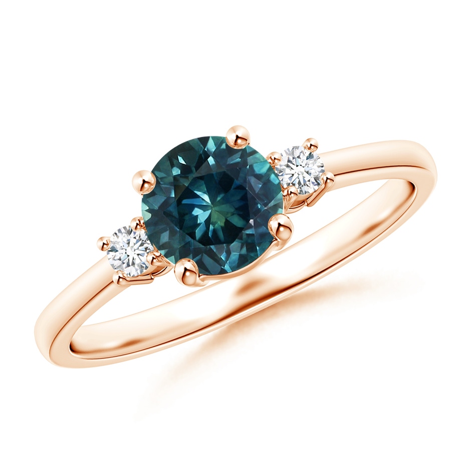 6mm AAA Prong-Set Round 3 Stone Teal Montana Sapphire and Diamond Ring in Rose Gold 