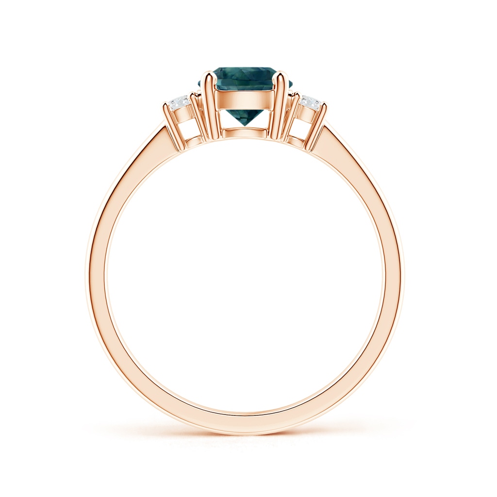 6mm AAA Prong-Set Round 3 Stone Teal Montana Sapphire and Diamond Ring in Rose Gold Side 1