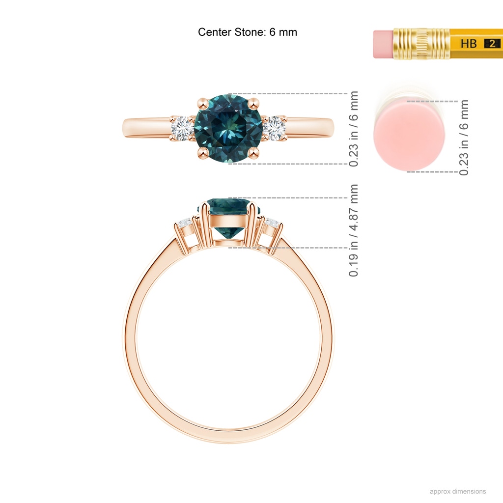 6mm AAA Prong-Set Round 3 Stone Teal Montana Sapphire and Diamond Ring in Rose Gold Ruler