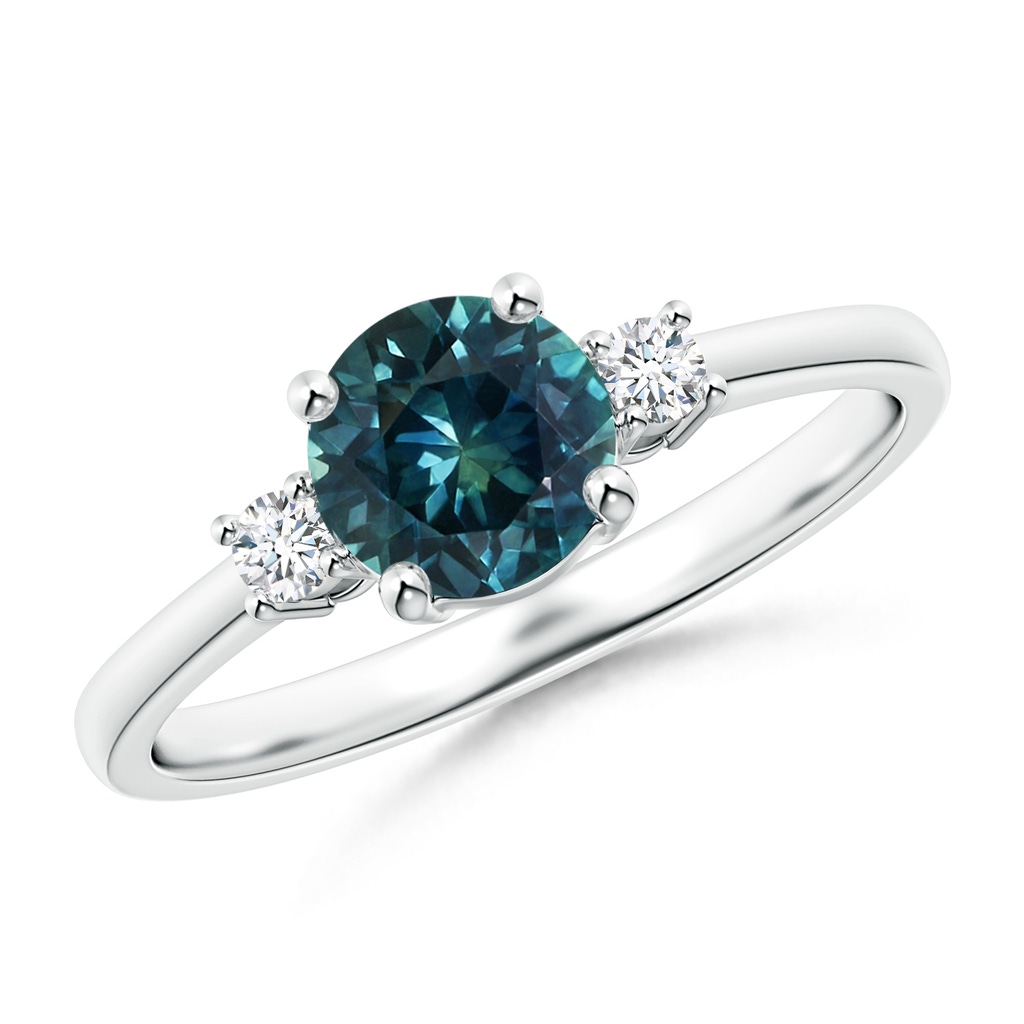 6mm AAA Prong-Set Round 3 Stone Teal Montana Sapphire and Diamond Ring in White Gold