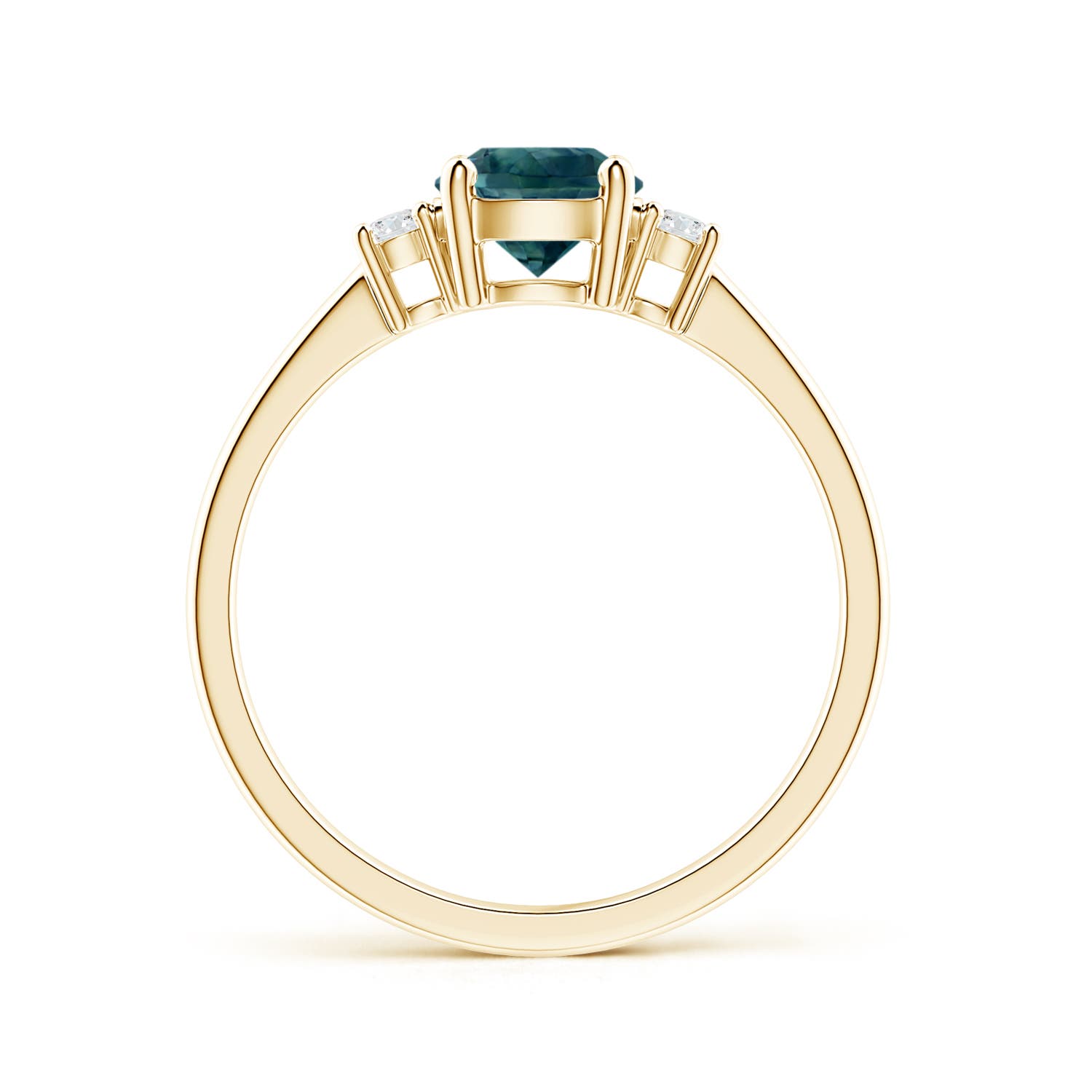 6mm AAA Prong-Set Round 3 Stone Teal Montana Sapphire and Diamond Ring in Yellow Gold