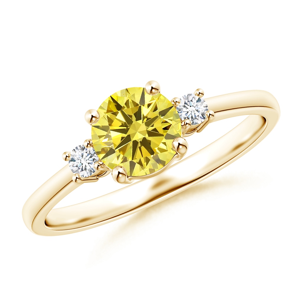 6.2mm AAAA Prong-Set Round 3 Stone Fancy Intense Yellow and White Diamond Ring in Yellow Gold