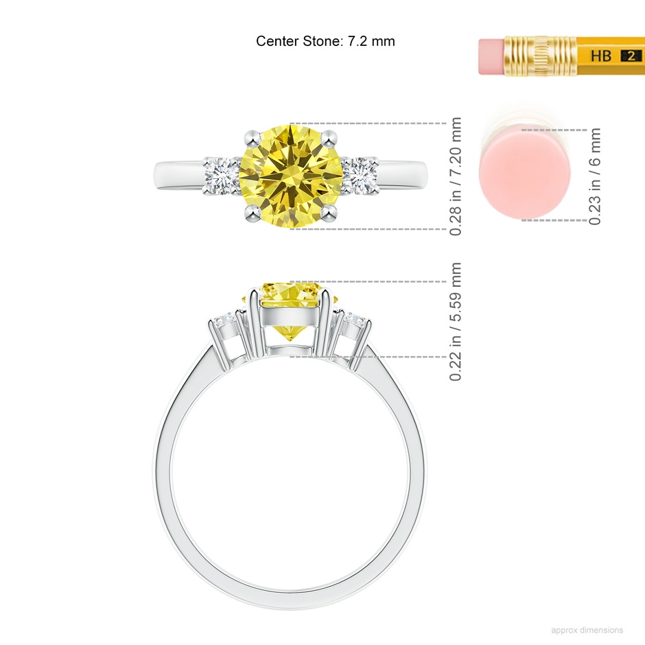 7.2mm AAAA Prong-Set Round 3 Stone Fancy Intense Yellow and White Diamond Ring in P950 Platinum ruler