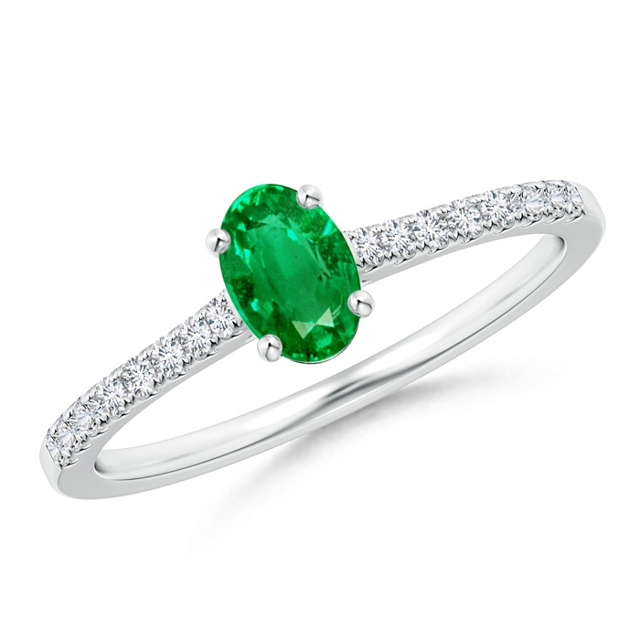 6x4mm AAA Classic Oval Emerald Ring with Diamond Studded Shank in White Gold 