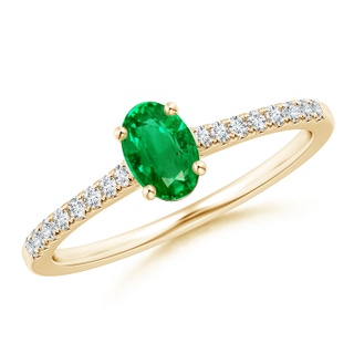 6x4mm AAA Classic Oval Emerald Ring with Diamond Studded Shank in Yellow Gold