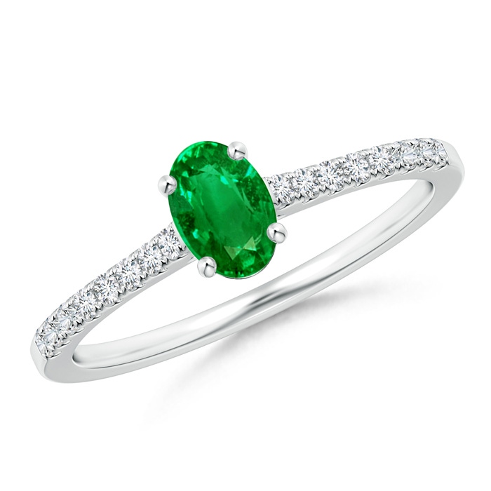 6x4mm AAAA Classic Oval Emerald Ring with Diamond Studded Shank in P950 Platinum