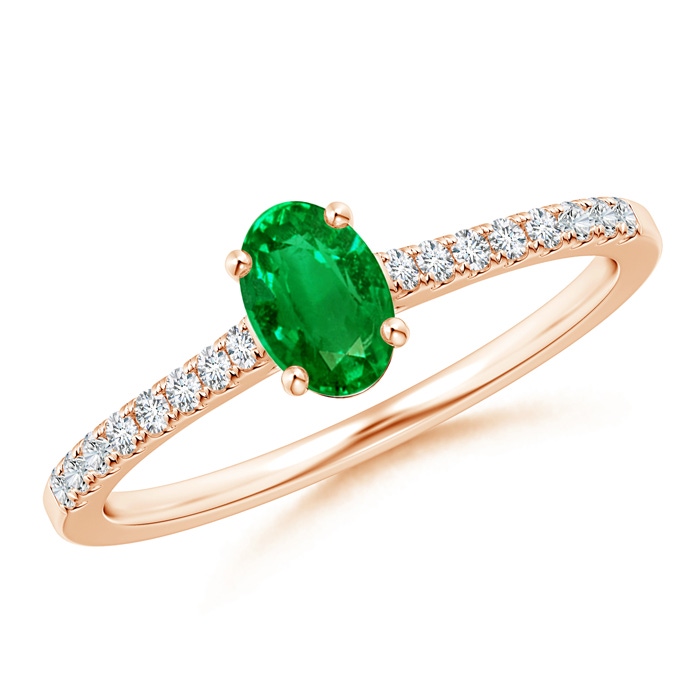 6x4mm AAAA Classic Oval Emerald Ring with Diamond Studded Shank in Rose Gold