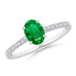 7x5mm AAA Classic Oval Emerald Ring with Diamond Studded Shank in White Gold