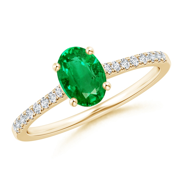 7x5mm AAA Classic Oval Emerald Ring with Diamond Studded Shank in Yellow Gold