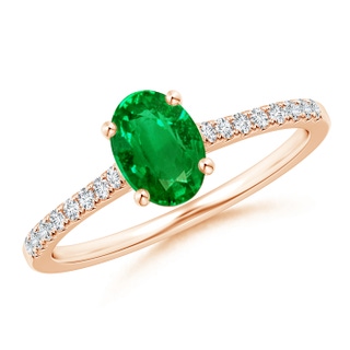 7x5mm AAAA Classic Oval Emerald Ring with Diamond Studded Shank in Rose Gold