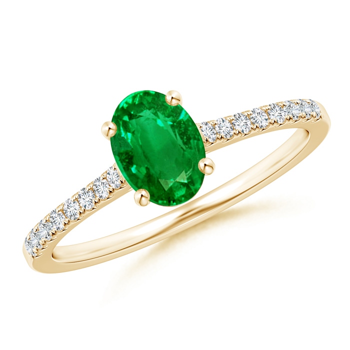 7x5mm AAAA Classic Oval Emerald Ring with Diamond Studded Shank in Yellow Gold