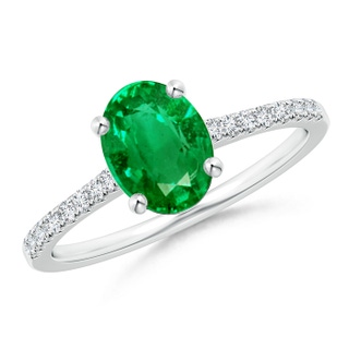 8x6mm AAA Classic Oval Emerald Ring with Diamond Studded Shank in White Gold