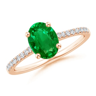 8x6mm AAAA Classic Oval Emerald Ring with Diamond Studded Shank in 9K Rose Gold