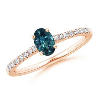 6x4mm AAA Classic Oval Teal Montana Sapphire Ring with Diamond Studded Shank in 10K Rose Gold