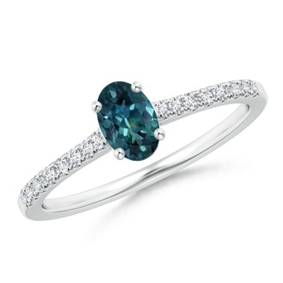 6x4mm AAA Classic Oval Teal Montana Sapphire Ring with Diamond Studded Shank in 9K White Gold