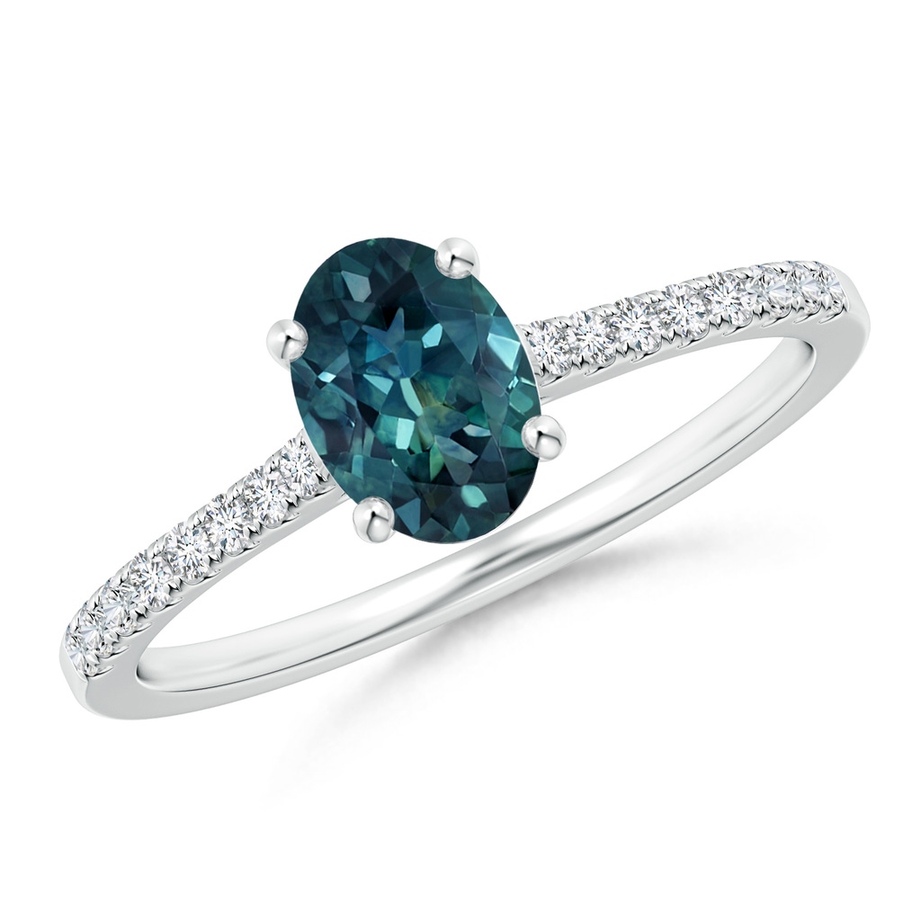 7x5mm AAA Classic Oval Teal Montana Sapphire Ring with Diamond Studded Shank in White Gold 