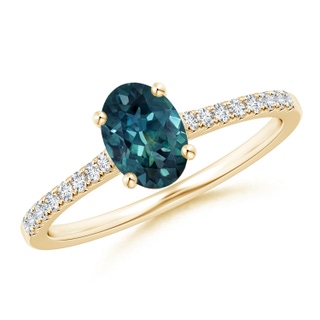7x5mm AAA Classic Oval Teal Montana Sapphire Ring with Diamond Studded Shank in Yellow Gold