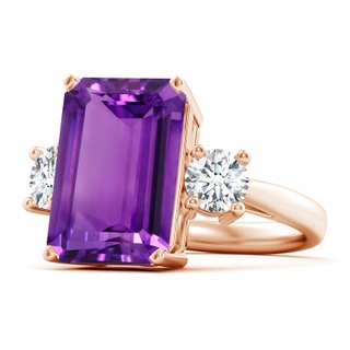 14x10mm AAAA Classic Emerald-Cut Amethyst & Round Diamond Three Stone Ring in Rose Gold