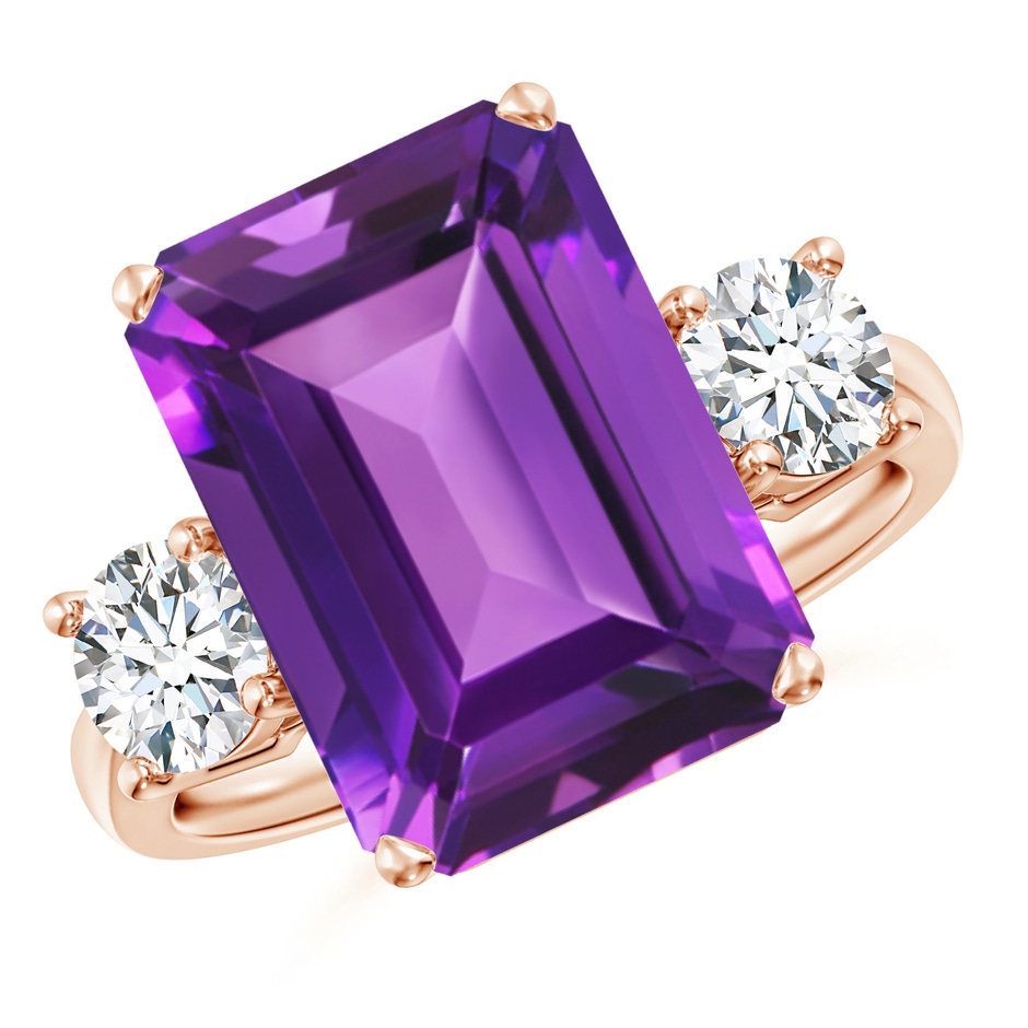 14x10mm AAAA Classic Emerald-Cut Amethyst & Round Diamond Three Stone Ring in Rose Gold side-1