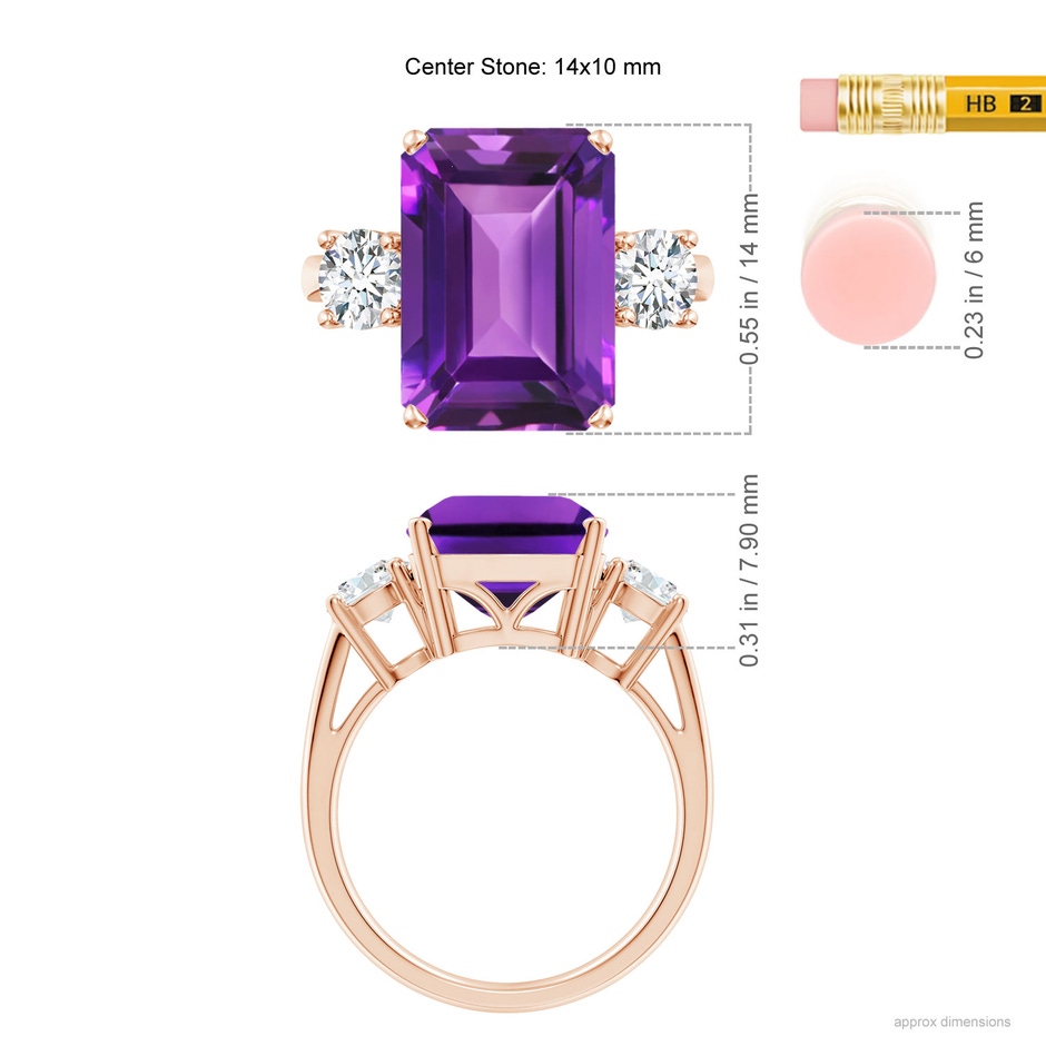 14x10mm AAAA Classic Emerald-Cut Amethyst & Round Diamond Three Stone Ring in Rose Gold ruler