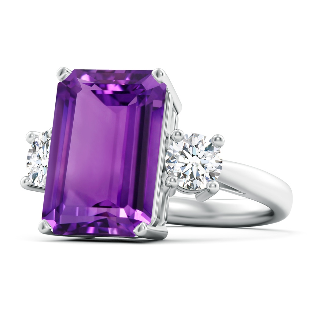 14x10mm AAAA Classic Emerald-Cut Amethyst & Round Diamond Three Stone Ring in White Gold