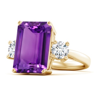 14x10mm AAAA Classic Emerald-Cut Amethyst & Round Diamond Three Stone Ring in Yellow Gold